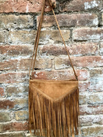 Cross body bag. BOHO suede leather bag in CAMEL brown with FRINGES. Messenger bag in soft genuine suede leather. Crossbody hippy bag