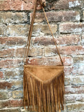 Cross body bag. BOHO suede leather bag in CAMEL brown with FRINGES. Messenger bag in soft genuine suede leather. Crossbody hippy bag