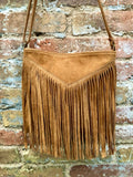 Cross body bag. BOHO suede leather bag in CAMEL brown with FRINGES. Messenger bag in soft genuine suede leather. Crossbody hippy bag