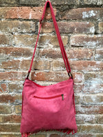 Cross body bag. BOHO suede leather bag in CORAL red with FRINGES. Larger style. Genuine suede messenger bag Fuchsia hippy bag in leatheri