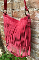 Cross body bag. BOHO suede leather bag in CORAL red with FRINGES. Larger style. Genuine suede messenger bag Fuchsia hippy bag in leatheri