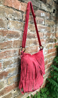 Cross body bag. BOHO suede leather bag in CORAL red with FRINGES. Larger style. Genuine suede messenger bag Fuchsia hippy bag in leatheri