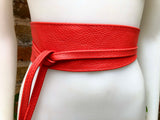 Obi belt in soft leather. Wrap belt in RED. Waist belt in Coral red. Dress , wraparound belt or sash. Boho leather belt.