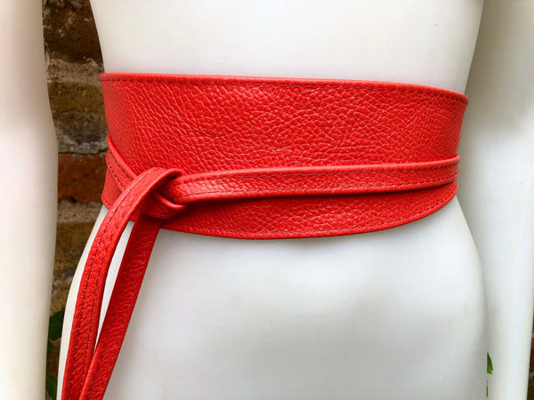 Obi belt in soft leather. Wrap belt in RED. Waist belt in Coral red. Dress , wraparound belt or sash. Boho leather belt.