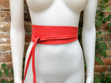 Obi belt in soft leather. Wrap belt in RED. Waist belt in Coral red. Dress , wraparound belt or sash. Boho leather belt.