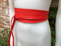 Obi belt in soft leather. Wrap belt in RED. Waist belt in Coral red. Dress , wraparound belt or sash. Boho leather belt.