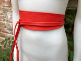 Obi belt in soft leather. Wrap belt in RED. Waist belt in Coral red. Dress , wraparound belt or sash. Boho leather belt.