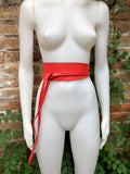 Obi belt in soft leather. Wrap belt in RED. Waist belt in Coral red. Dress , wraparound belt or sash. Boho leather belt.