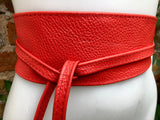 Obi belt in soft leather. Wrap belt in RED. Waist belt in Coral red. Dress , wraparound belt or sash. Boho leather belt.