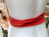 Obi belt in soft leather. Wrap belt in RED. Waist belt in Coral red. Dress , wraparound belt or sash. Boho leather belt.