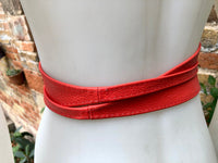 Obi belt in soft leather. Wrap belt in RED. Waist belt in Coral red. Dress , wraparound belt or sash. Boho leather belt.