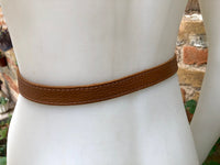 Leather 80s style obi belt . Wrap belt in camel BROWN. Waist belt in genuine leather. Saddle brown wraparound belt.Tobacco Brown dress belt