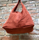 Slouch bag. Tote leather bag in burnt ORANGE with ZIPPER.Soft natural suede leather shopper bag. Terracotta carry all bag in genuine leather