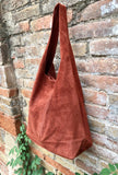 Slouch bag. Tote leather bag in burnt ORANGE with ZIPPER.Soft natural suede leather shopper bag. Terracotta carry all bag in genuine leather