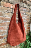 Slouch bag. Tote leather bag in burnt ORANGE with ZIPPER.Soft natural suede leather shopper bag. Terracotta carry all bag in genuine leather