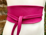 Obi belt in soft leather. Wrap belt in HOT PINK. Waist belt in PINK. Magenta wraparound belt. Shocking pink sash. Fuchsia boho dress belts.