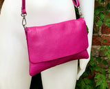 Small PINK leather bag.Fuchsia GENUINE leather crossbody or shoulder bag. Hot pink purse + 2 adjustable straps: 1 guitar strap + 1 leather