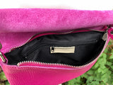 Small leather bag in metallic pink. Fuchsia GENUINE leather shoulder / crossbody bag . Hot pink and GOLD purse with adjustable strap+ zipper