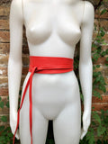 Obi belt in soft leather. Wrap belt in RED. Waist belt in Coral red. Dress , wraparound belt or sash. Boho leather belt.