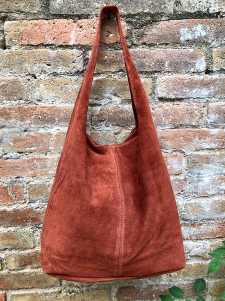 Slouch bag. Tote leather bag in burnt ORANGE with ZIPPER.Soft natural suede leather shopper bag. Terracotta carry all bag in genuine leather