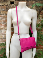 Small PINK leather bag.Fuchsia GENUINE leather crossbody or shoulder bag. Hot pink purse + 2 adjustable straps: 1 guitar strap + 1 leather