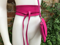 Pink genuine leather bag and obi belt. Soft natural leather shoulder or crossbody bag and belt set. Wraparound waist belt + small party bag