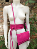 Pink genuine leather bag and obi belt. Soft natural leather shoulder or crossbody bag and belt set. Wraparound waist belt + small party bag