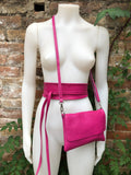 Pink genuine leather bag and obi belt. Soft natural leather shoulder or crossbody bag and belt set. Wraparound waist belt + small party bag