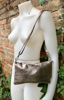 Small leather bag in BRONZE. Cross body bag, shoulder bag in GENUINE leather. Metallic shine bag with adjustable strap, zipper and flap.