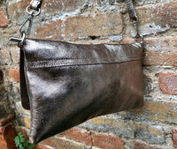 Small leather bag in BRONZE. Cross body bag, shoulder bag in GENUINE leather. Metallic shine bag with adjustable strap, zipper and flap.