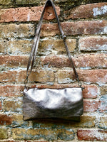 Small leather bag in BRONZE. Cross body bag, shoulder bag in GENUINE leather. Metallic shine bag with adjustable strap, zipper and flap.