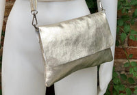 Small leather bag in GOLD. Cross body bag, shoulder bag in GENUINE leather. Metallic shine bag with adjustable strap, zipper and flap.