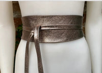 Metallic shine bronze genuine leather bag and obi belt. Small shoulder or crossbody bag and belt set. Wraparound waist belt and party bag