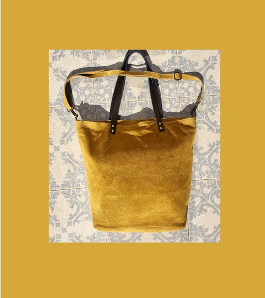 Large TOTE leather bag in MUSTARD yellow. Soft suede, genuine leather bag. Yellow suede bag. Laptop bag in suede. Large cross body bag