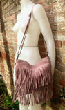 Cross body bag. BOHO suede leather bag in light PINK with FRINGES. Larger style. Genuine suede messenger bag Pink hippy bag in leatheri