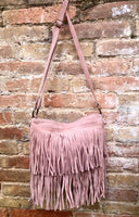Cross body bag. BOHO suede leather bag in light PINK with FRINGES. Larger style. Genuine suede messenger bag Pink hippy bag in leatheri