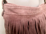 Cross body bag. BOHO suede leather bag in light PINK with FRINGES. Larger style. Genuine suede messenger bag Pink hippy bag in leatheri