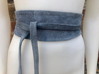 DENIM blue suede waist belt. Blue - gray wrap belt. Soft dress belt in natura genuinel suede leather. Blue - gray wraparound belt