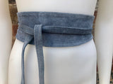 DENIM blue suede waist belt. Blue - gray wrap belt. Soft dress belt in natura genuinel suede leather. Blue - gray wraparound belt