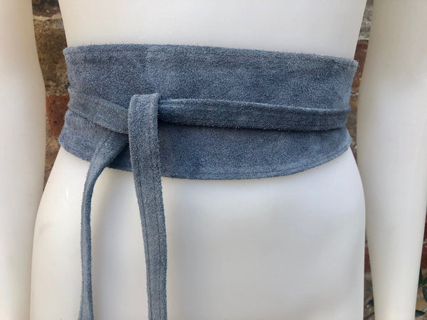 DENIM blue suede waist belt. Blue - gray wrap belt. Soft dress belt in natura genuinel suede leather. Blue - gray wraparound belt