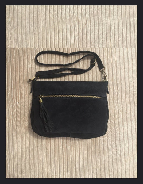 Cross body suede bag in BLACK. Genuine leather. Soft natural suede. Boho bag in BLACK. Messenger bag, fits most tablets.