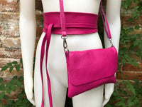 Pink genuine leather bag and obi belt. Soft natural leather shoulder or crossbody bag and belt set. Wraparound waist belt + small party bag