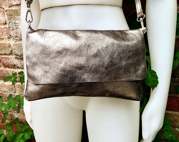 Small leather bag in BRONZE. Cross body bag, shoulder bag in GENUINE leather. Metallic shine bag with adjustable strap, zipper and flap.