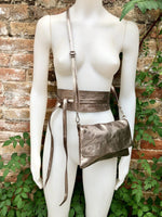 Metallic shine bronze genuine leather bag and obi belt. Small shoulder or crossbody bag and belt set. Wraparound waist belt and party bag