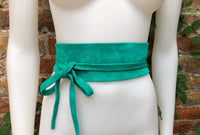 Green suede OBI belt, SASH in turquoise green natural soft suede,waist belt, teal sash, obi, boho belt, bohemian sash, boho teal green belt