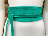 Green suede OBI belt, SASH in turquoise green natural soft suede,waist belt, teal sash, obi, boho belt, bohemian sash, boho teal green belt