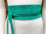 Green suede OBI belt, SASH in turquoise green natural soft suede,waist belt, teal sash, obi, boho belt, bohemian sash, boho teal green belt