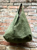 RESERVED . Special listing for MERLE. Large tote leather bag in moss green. Slouch leather bag. Boho bag. Laptop bags in suede. GREEN suede