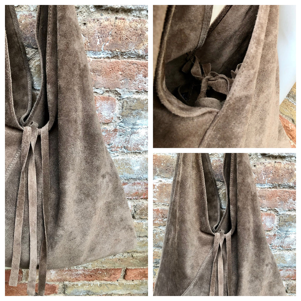 Slouch leather bag in dark brown suede. Genuine leather shoulder bag. Origami bag + camel brown leather accent. Large shopper. Brown purse