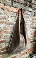 Slouch leather bag in Light brown suede . Large shoulder bag in genuine leather. Taupe origami bag with brown leather accent. Large shopper